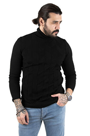 DeepSEA Erkek Siyah  Desenli Tam Balıkçı Yaka Slimfit Kazak 2301462