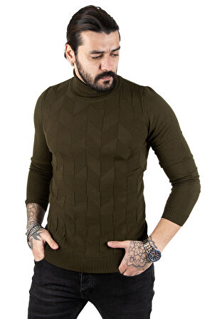 DeepSEA Erkek Haki  Desenli Tam Balıkçı Yaka Slimfit Kazak 2301462
