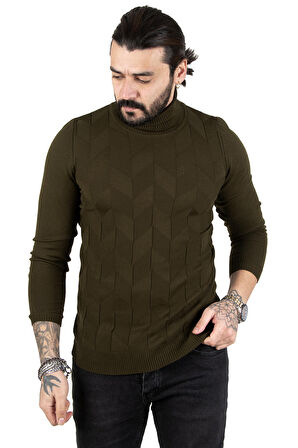 DeepSEA Erkek Haki  Desenli Tam Balıkçı Yaka Slimfit Kazak 2301462