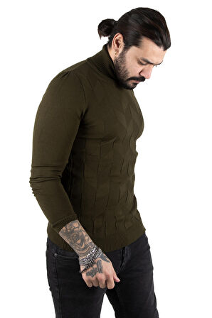 DeepSEA Erkek Haki  Desenli Tam Balıkçı Yaka Slimfit Kazak 2301462