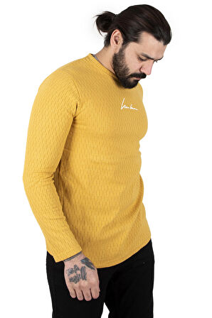 DeepSEA Erkek Sarı Çizgili Bisiklet Yaka Önü Baskılı Sweatshirt 2303104