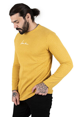 DeepSEA Erkek Sarı Çizgili Bisiklet Yaka Önü Baskılı Sweatshirt 2303104