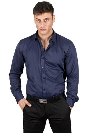 DeepSEA Erkek Lacivert Dar Kesim Uzun Kollu Kol Düğmeli Gömlek 2209615