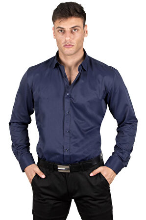 DeepSEA Erkek Lacivert Dar Kesim Uzun Kollu Kol Düğmeli Gömlek 2209615