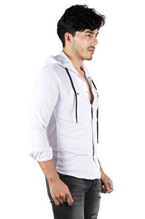 DeepSEA Erkek Beyaz  Kapüşonlu Cepli Slim Fit Likralı Kot Gömlek 2300396