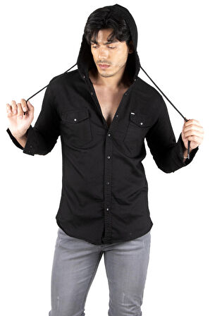 DeepSEA Erkek Siyah  Kapüşonlu Cepli Slim Fit Likralı Kot Gömlek 2300396