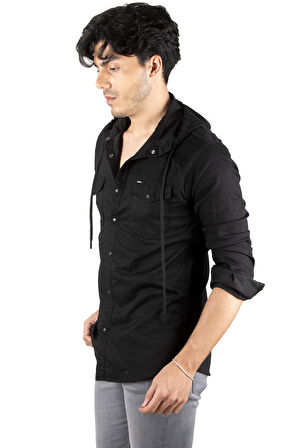 DeepSEA Erkek Siyah  Kapüşonlu Cepli Slim Fit Likralı Kot Gömlek 2300396