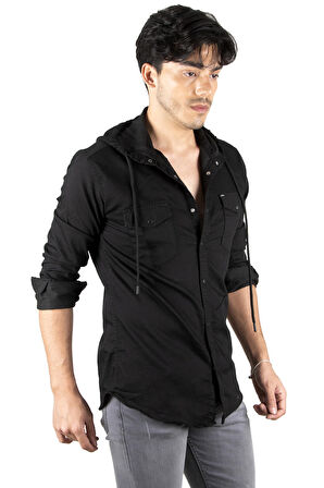 DeepSEA Erkek Siyah  Kapüşonlu Cepli Slim Fit Likralı Kot Gömlek 2300396