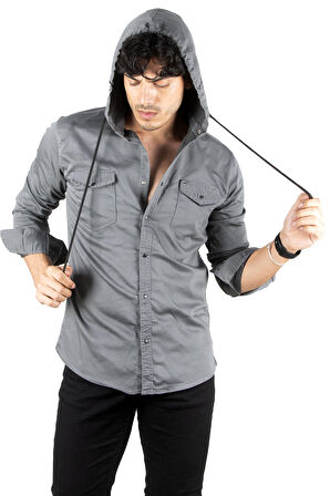 DeepSEA Erkek Füme  Kapüşonlu Cepli Slim Fit Likralı Kot Gömlek 2300396