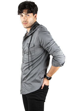 DeepSEA Erkek Füme  Kapüşonlu Cepli Slim Fit Likralı Kot Gömlek 2300396