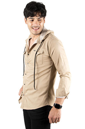 DeepSEA Erkek Bej  Kapüşonlu Cepli Slim Fit Likralı Kot Gömlek 2300396