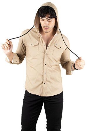 DeepSEA Erkek Bej  Kapüşonlu Cepli Slim Fit Likralı Kot Gömlek 2300396