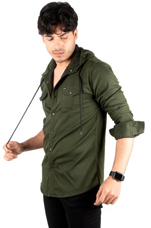 DeepSEA Erkek Haki  Kapüşonlu Cepli Slim Fit Likralı Kot Gömlek 2300396
