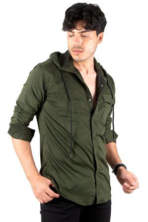 DeepSEA Erkek Haki  Kapüşonlu Cepli Slim Fit Likralı Kot Gömlek 2300396
