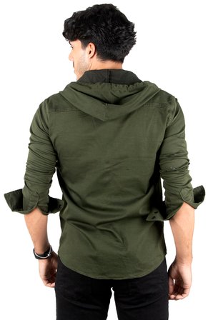 DeepSEA Erkek Haki  Kapüşonlu Cepli Slim Fit Likralı Kot Gömlek 2300396