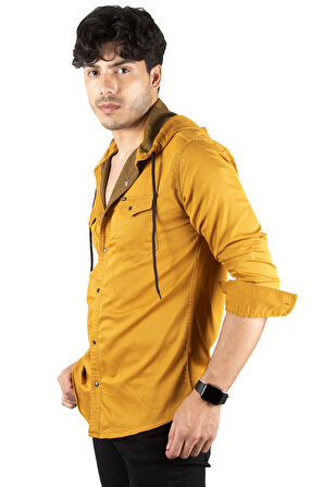 DeepSEA Erkek Hardal Sarısı Kapüşonlu Slim Fit Dar Kesim Gömlek Likralı Pamuklu Likralı Kot Gömlek 2300396