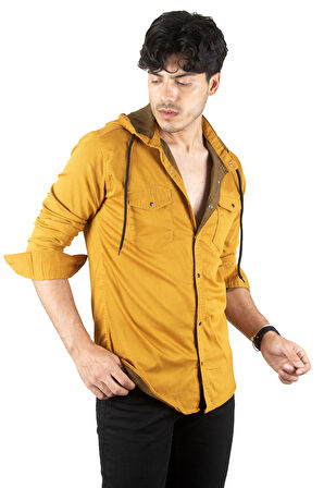 DeepSEA Erkek Hardal Sarısı Kapüşonlu Slim Fit Dar Kesim Gömlek Likralı Pamuklu Likralı Kot Gömlek 2300396
