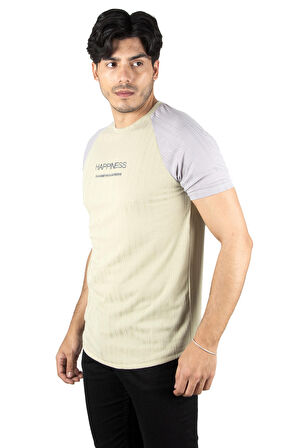 DeepSEA Erkek Yeşil Çizgi Desenli Kolları Renkli Önü Nakışlı Bisiklet Yaka Tişört 2306601