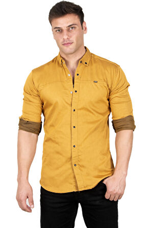 DeepSEA Erkek Hardal Sarısı Dar Kesim Çıt Çıt Düğmeli Pamuklu Kot Gömlek Likralı Spor Gömlek 2300412