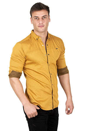 DeepSEA Erkek Hardal Sarısı Dar Kesim Çıt Çıt Düğmeli Pamuklu Kot Gömlek Likralı Spor Gömlek 2300412