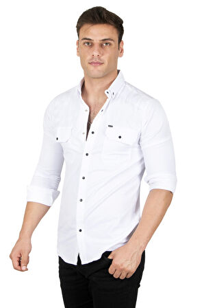 DeepSEA Erkek Beyaz Likralı İnce Fitilli Çıtçıtlı Çift Cepli Kot Gömlek 2300421