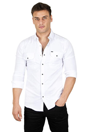 DeepSEA Erkek Beyaz Likralı İnce Fitilli Çıtçıtlı Çift Cepli Kot Gömlek 2300421
