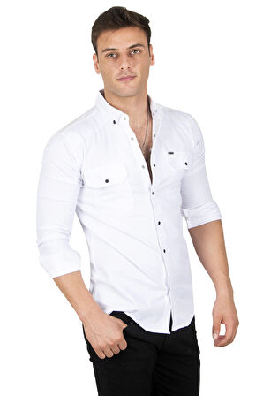 DeepSEA Erkek Beyaz Likralı İnce Fitilli Çıtçıtlı Çift Cepli Kot Gömlek 2300421
