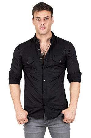 DeepSEA Erkek Siyah Likralı İnce Fitilli Çıtçıtlı Çift Cepli Kot Gömlek 2300421