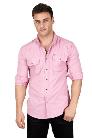 DeepSEA Erkek Pembe Likralı İnce Fitilli Çıtçıtlı Çift Cepli Kot Gömlek 2300421