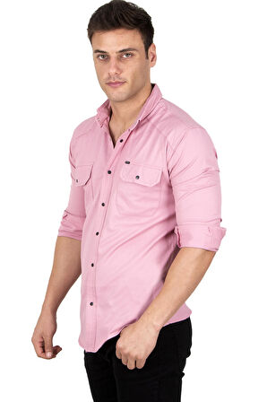 DeepSEA Erkek Pembe Likralı İnce Fitilli Çıtçıtlı Çift Cepli Kot Gömlek 2300421