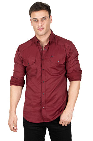 DeepSEA Erkek Bordo Likralı İnce Fitilli Çıtçıtlı Çift Cepli Kot Gömlek 2300421