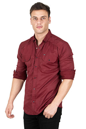 DeepSEA Erkek Bordo Likralı İnce Fitilli Çıtçıtlı Çift Cepli Kot Gömlek 2300421