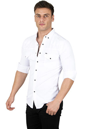 DeepSEA Erkek Beyaz Likralı Çıtçıtlı Çift Cepli Dikiş Detaylı Kot Gömlek 2300419