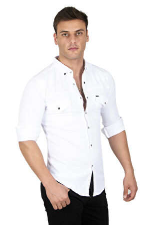 DeepSEA Erkek Beyaz Likralı Çıtçıtlı Çift Cepli Dikiş Detaylı Kot Gömlek 2300419