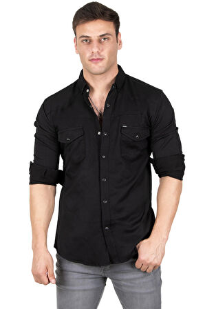 DeepSEA Erkek Siyah Likralı Çıtçıtlı Çift Cepli Dikiş Detaylı Kot Gömlek 2300419