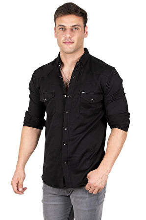 DeepSEA Erkek Siyah Likralı Çıtçıtlı Çift Cepli Dikiş Detaylı Kot Gömlek 2300419