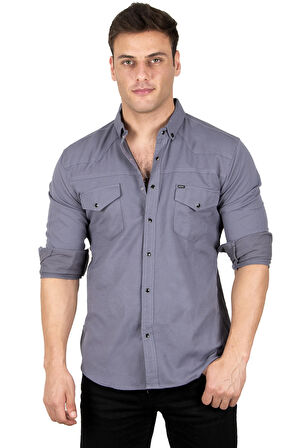 DeepSEA Erkek Füme Likralı Çıtçıtlı Çift Cepli Dikiş Detaylı Kot Gömlek 2300419