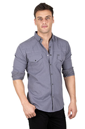 DeepSEA Erkek Füme Likralı Çıtçıtlı Çift Cepli Dikiş Detaylı Kot Gömlek 2300419