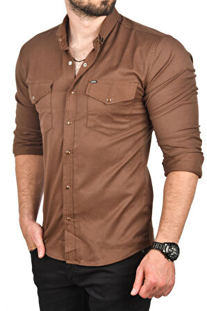 DeepSEA Erkek Koyu Kahve Çıt Çıt Düğmeli Çift Cepli Örme Kumaş Gömlek 2300415