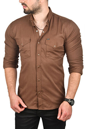 DeepSEA Erkek Koyu Kahve Çıt Çıt Düğmeli Çift Cepli Örme Kumaş Gömlek 2300415