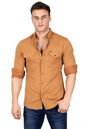 DeepSEA Erkek Kahve Likralı Çıtçıt Düğmeli Cepli Slim Fit Örme Kumaş Kot Gömlek 2300393