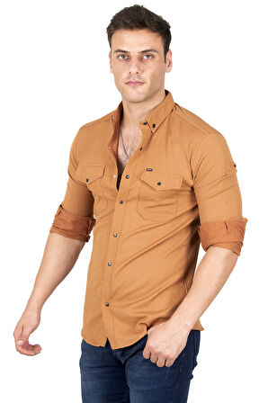 DeepSEA Erkek Kahve Likralı Çıtçıt Düğmeli Cepli Slim Fit Örme Kumaş Kot Gömlek 2300393