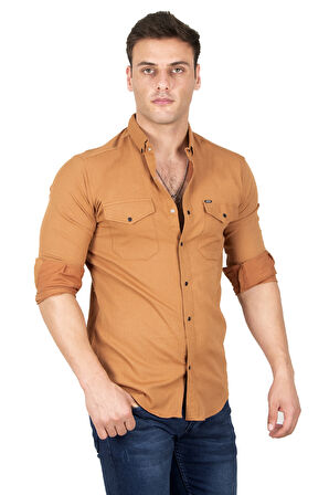 DeepSEA Erkek Kahve Likralı Çıtçıt Düğmeli Cepli Slim Fit Örme Kumaş Kot Gömlek 2300393