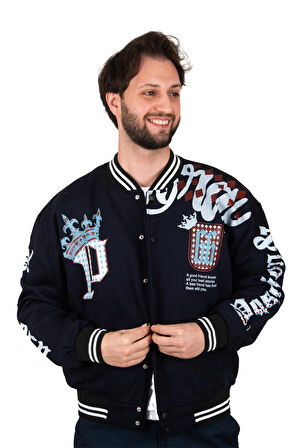 DeepSEA Erkek Lacivert Kolları Önü ve Arkası Baskılı Üç İplik Çıtçıtlı Kolej Mont 2304764