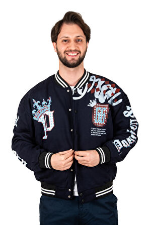 DeepSEA Erkek Lacivert Kolları Önü ve Arkası Baskılı Üç İplik Çıtçıtlı Kolej Mont 2304764