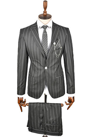 DeepSEA Erkek Siyah Slim Fit Çizgili Tek Düğme Tek Yırtmaç 2 Li Takım Elbise 2300101