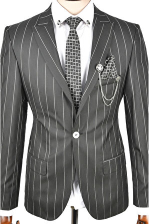 DeepSEA Erkek Siyah Slim Fit Çizgili Tek Düğme Tek Yırtmaç 2 Li Takım Elbise 2300101