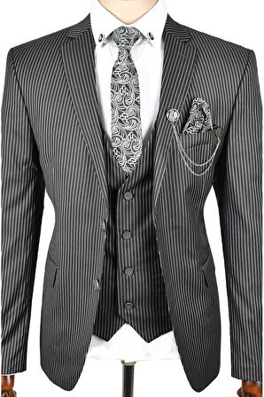 DeepSEA Erkek Siyah Çift Düğme Çift Yırtmaç Çizgili Slim Fit 3 Lü Takım Elbise 2300162