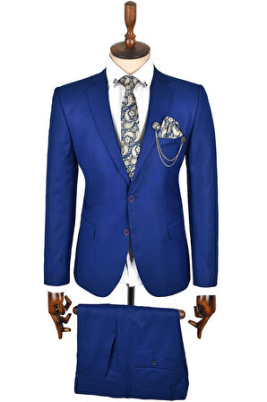 DeepSEA Erkek Mavi Mono Yaka Slim Fit 2 Li Takım Elbise 2303916