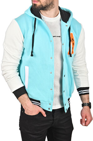 DeepSEA Erkek Açık Mavi Kapüşonlu İçi Şardonlu Üç İplik Nakışlı Kolej Ceket Mont 2304781